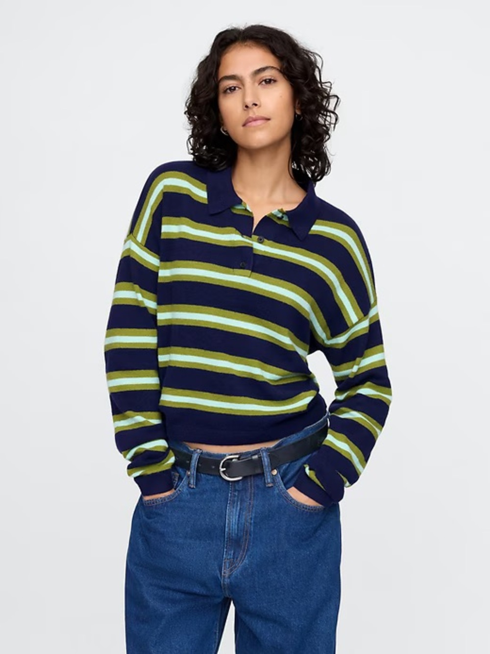 GAP CashSoft Relaxed Polo Sweater in Navy Green Stripe - Size Medium